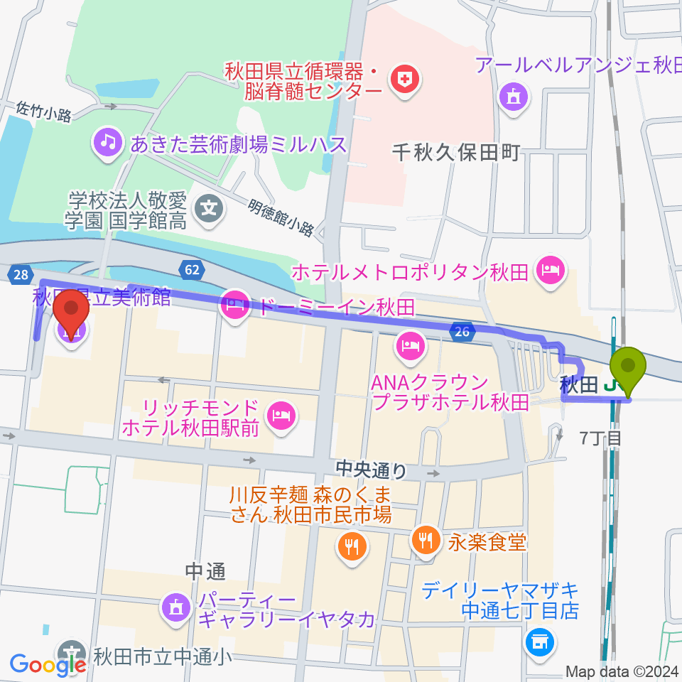 秋田県立美術館の最寄駅秋田駅からの徒歩ルート（約12分）地図