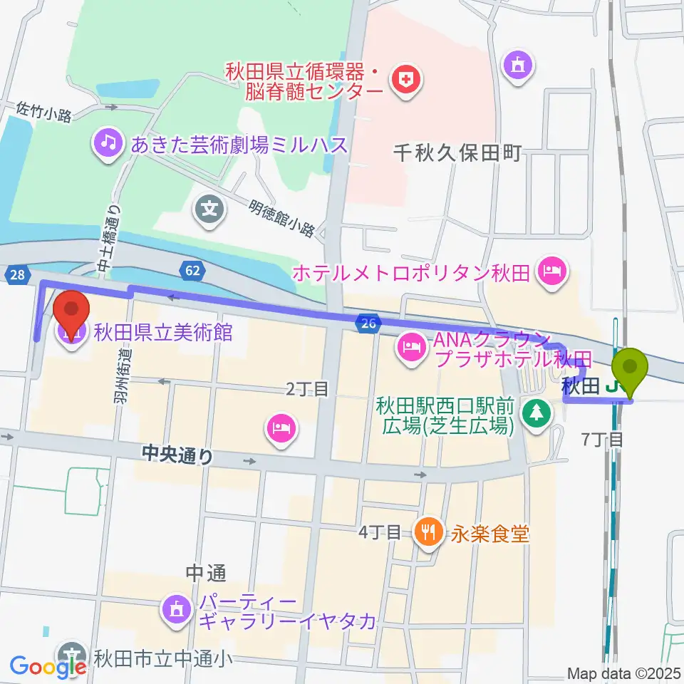 秋田県立美術館の最寄駅秋田駅からの徒歩ルート（約12分）地図