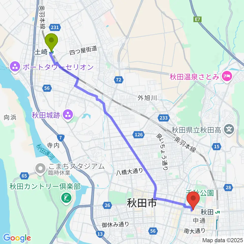 土崎駅から秋田県立美術館へのルートマップ地図