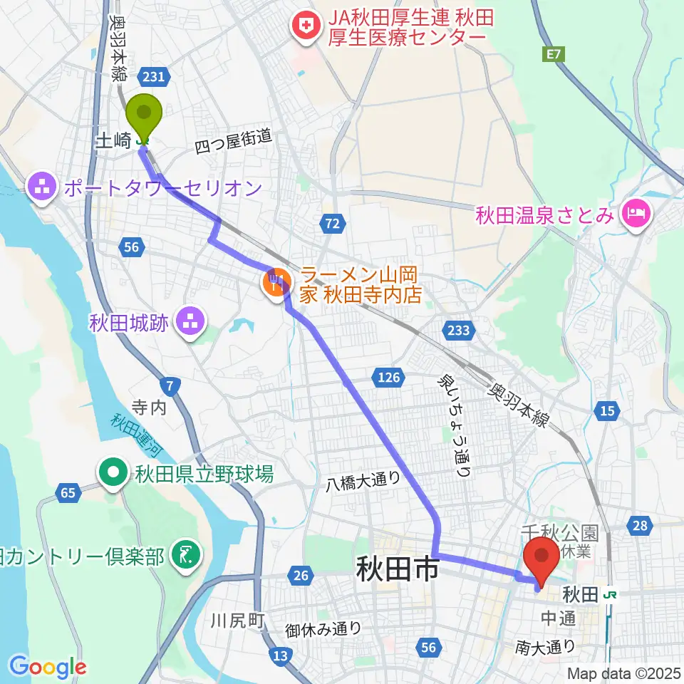 土崎駅から秋田県立美術館へのルートマップ地図