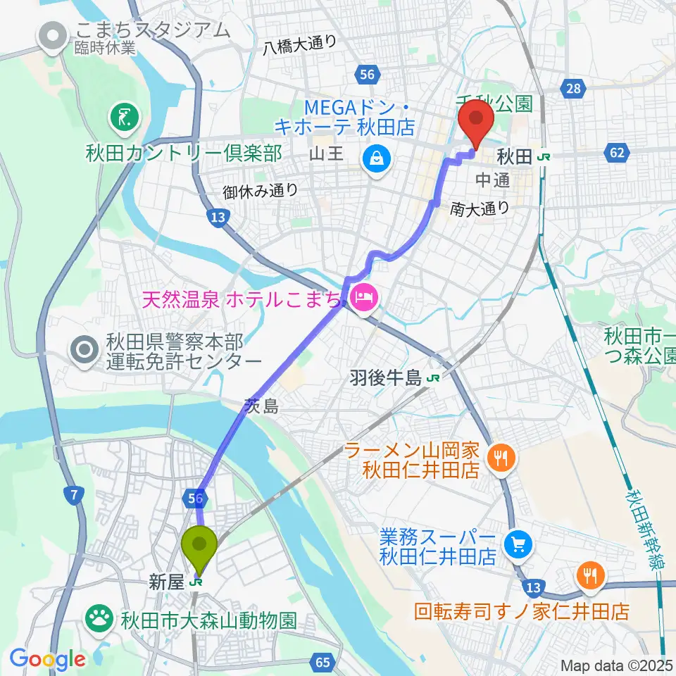 新屋駅から秋田県立美術館へのルートマップ地図