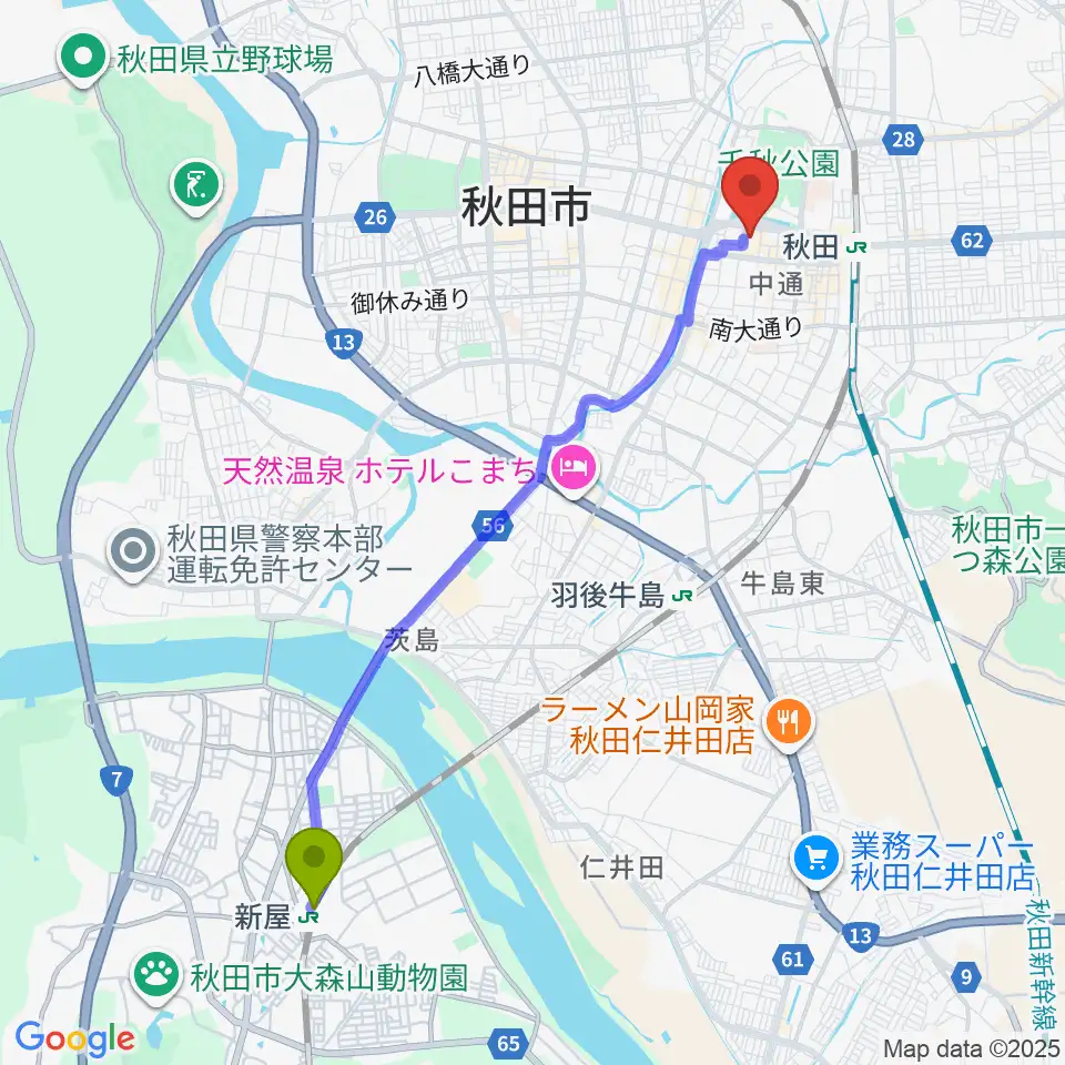新屋駅から秋田県立美術館へのルートマップ地図