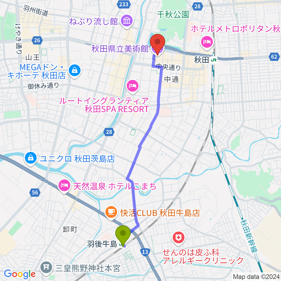 羽後牛島駅から秋田県立美術館へのルートマップ地図