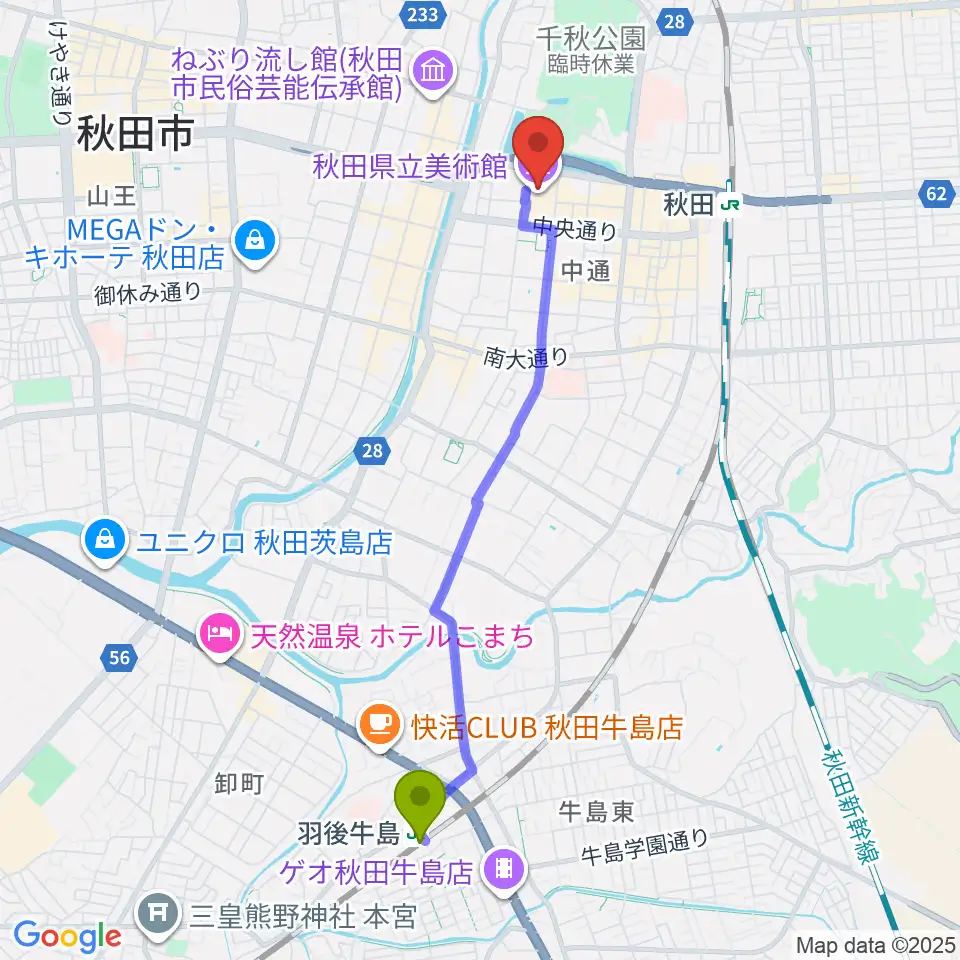 羽後牛島駅から秋田県立美術館へのルートマップ地図