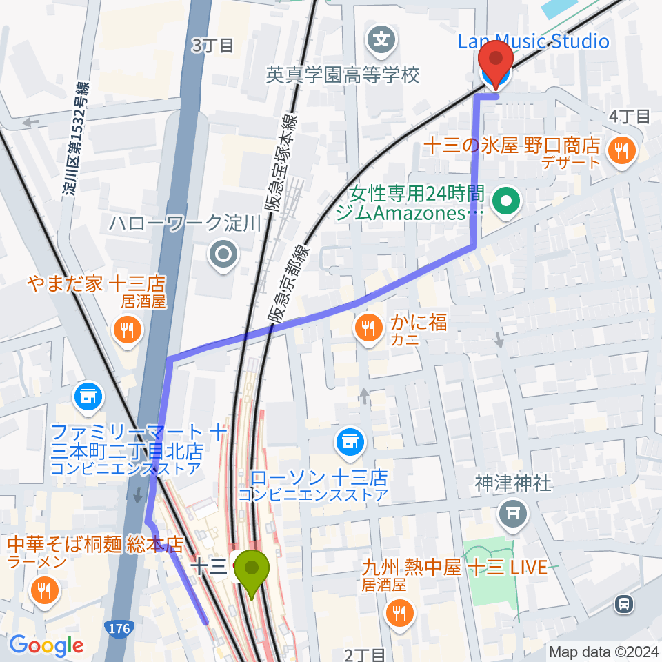 Lan Music Studioの最寄駅十三駅からの徒歩ルート（約7分）地図