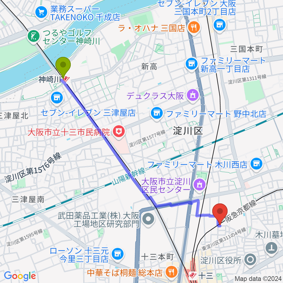 神崎川駅からLan Music Studioへのルートマップ地図