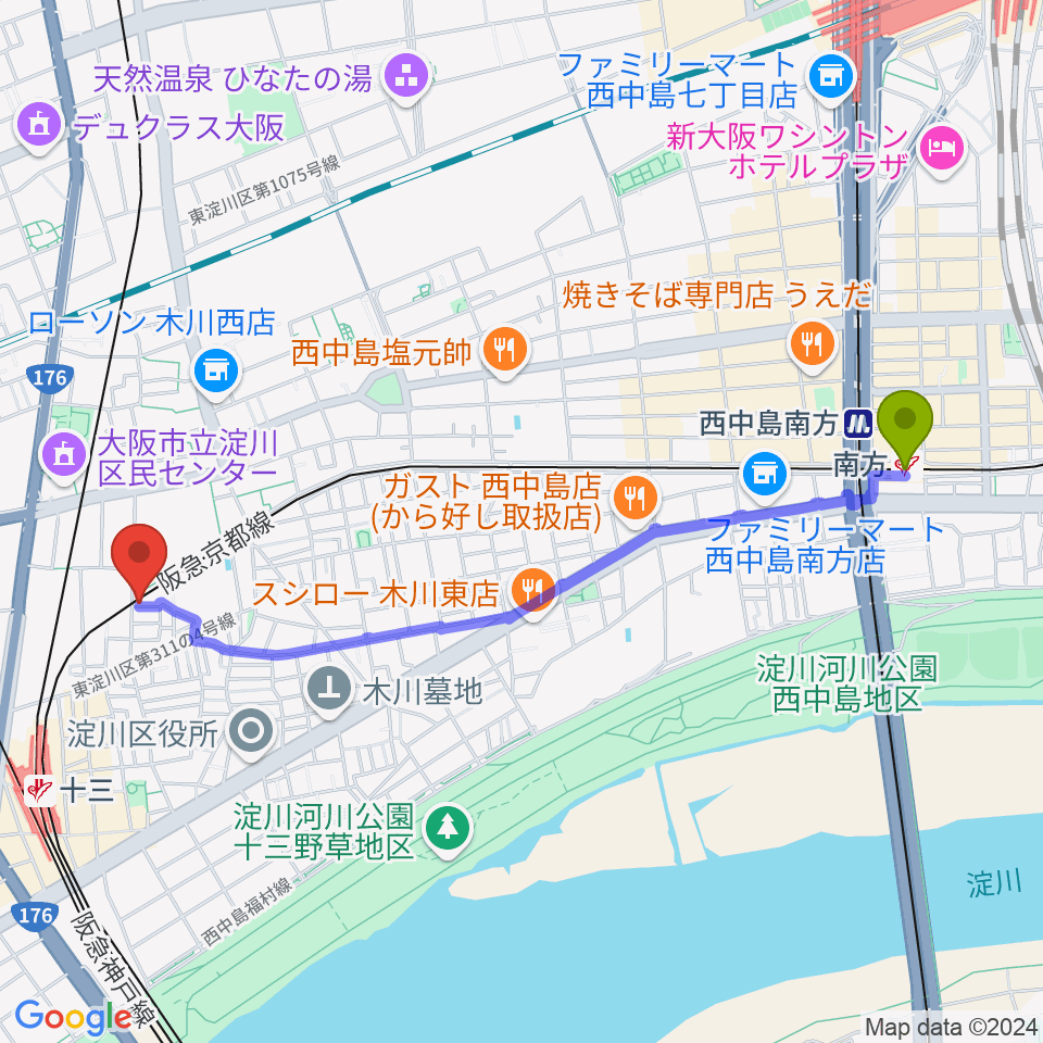 南方駅からLan Music Studioへのルートマップ地図