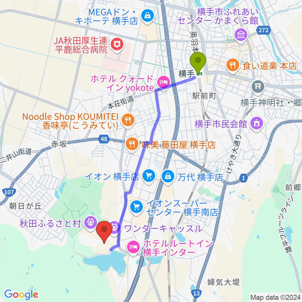 横手駅から秋田県立近代美術館へのルートマップ地図