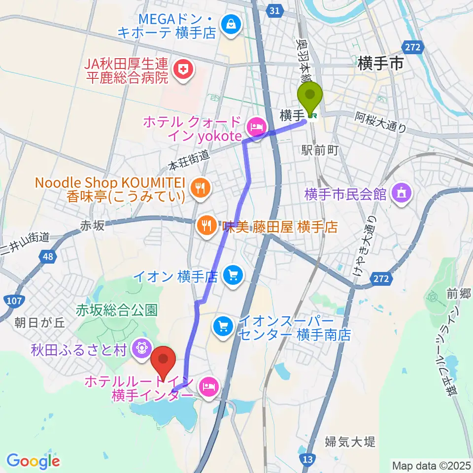 横手駅から秋田県立近代美術館へのルートマップ地図