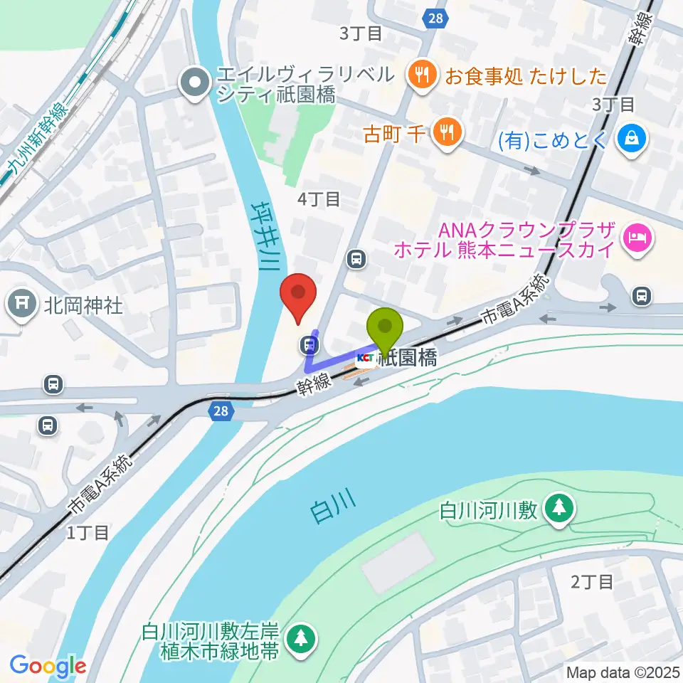 KAZ Guitar Music Schoolの最寄駅祇園橋駅からの徒歩ルート（約1分）地図