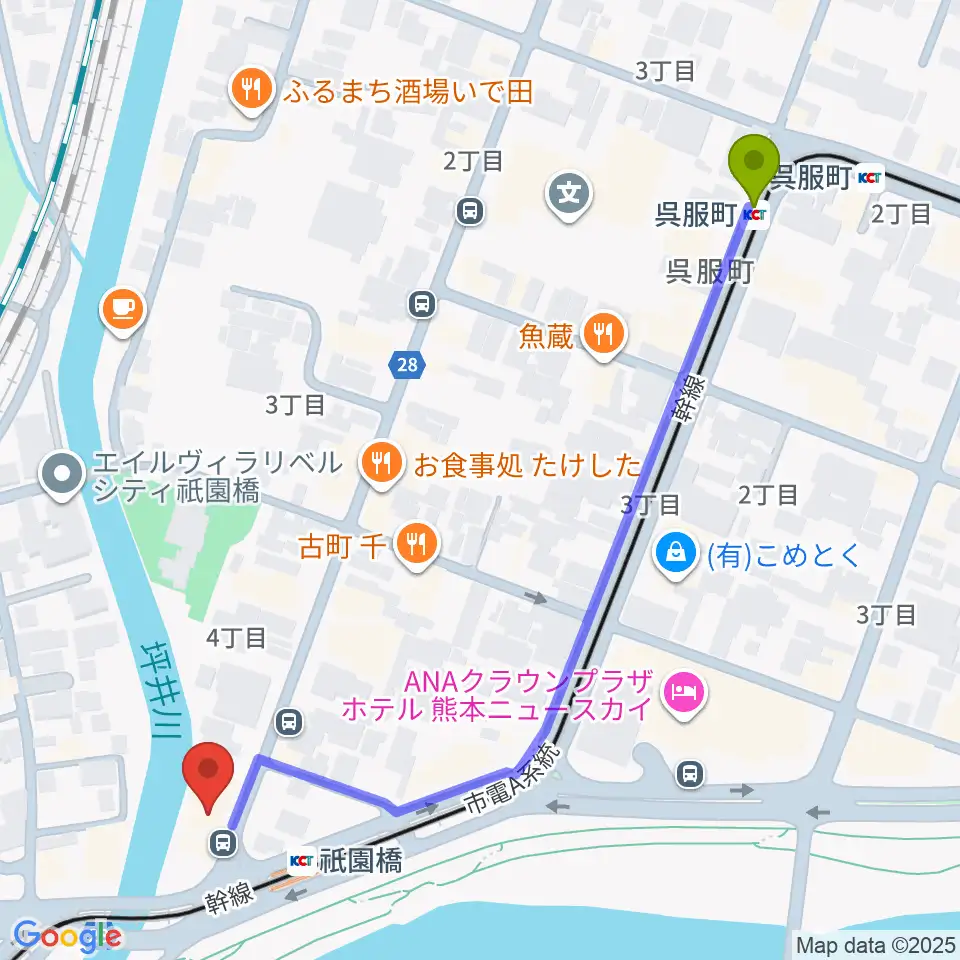 呉服町駅からKAZ Guitar Music Schoolへのルートマップ地図