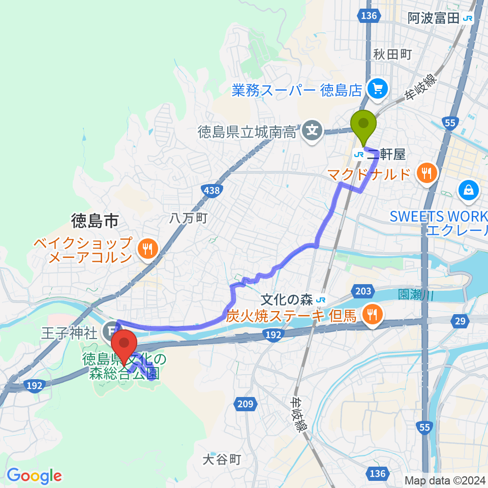 二軒屋駅から徳島県立近代美術館へのルートマップ地図