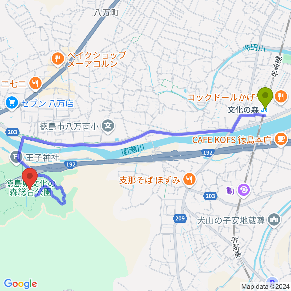 徳島県立近代美術館の最寄駅文化の森駅からの徒歩ルート（約27分）地図