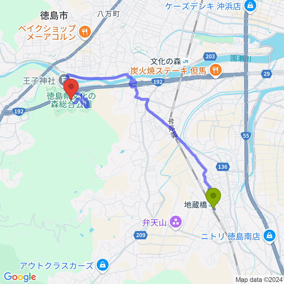 地蔵橋駅から徳島県立近代美術館へのルートマップ地図