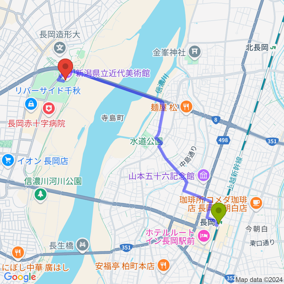 新潟県立近代美術館の最寄駅長岡駅からの徒歩ルート（約45分）地図