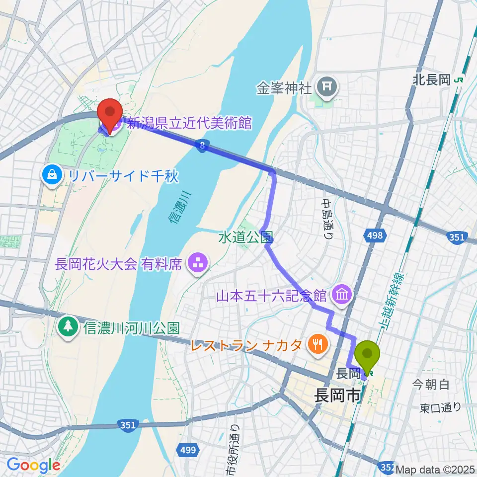 新潟県立近代美術館の最寄駅長岡駅からの徒歩ルート（約45分）地図