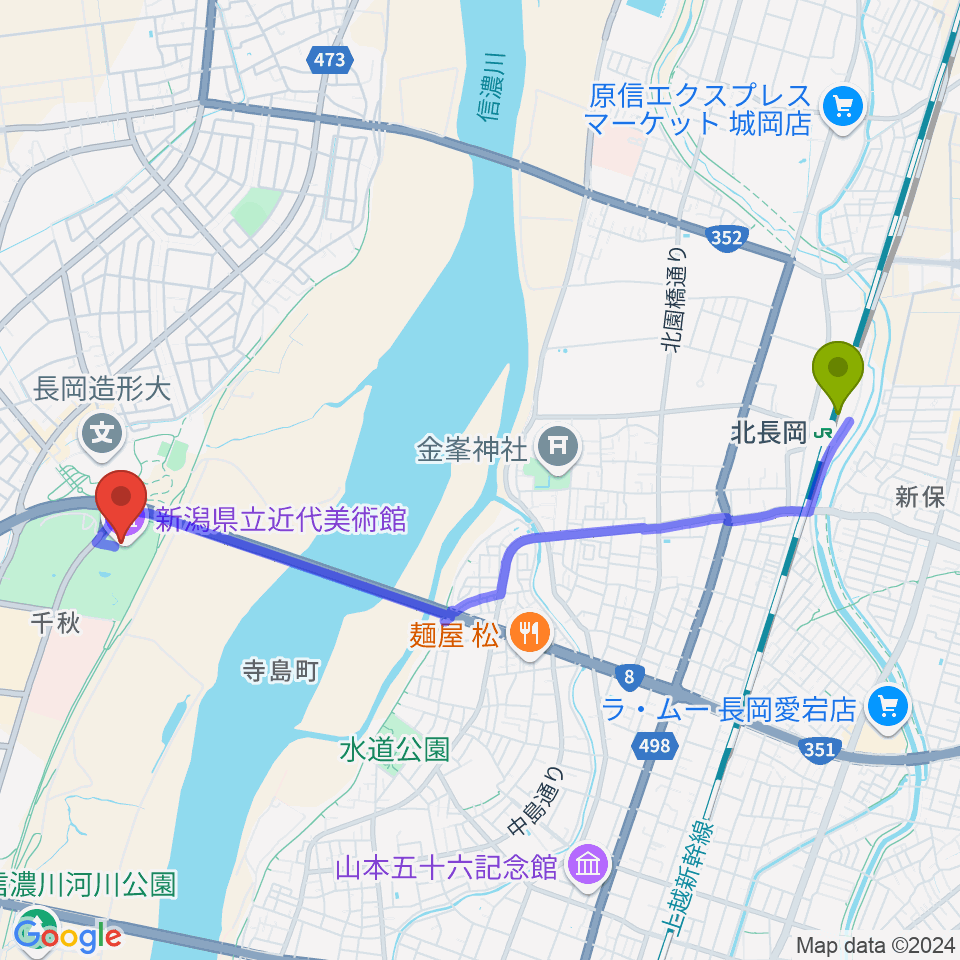 北長岡駅から新潟県立近代美術館へのルートマップ地図