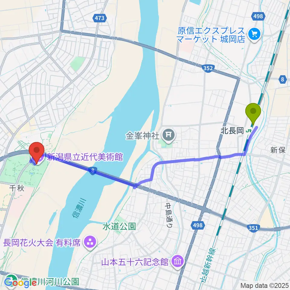 北長岡駅から新潟県立近代美術館へのルートマップ地図