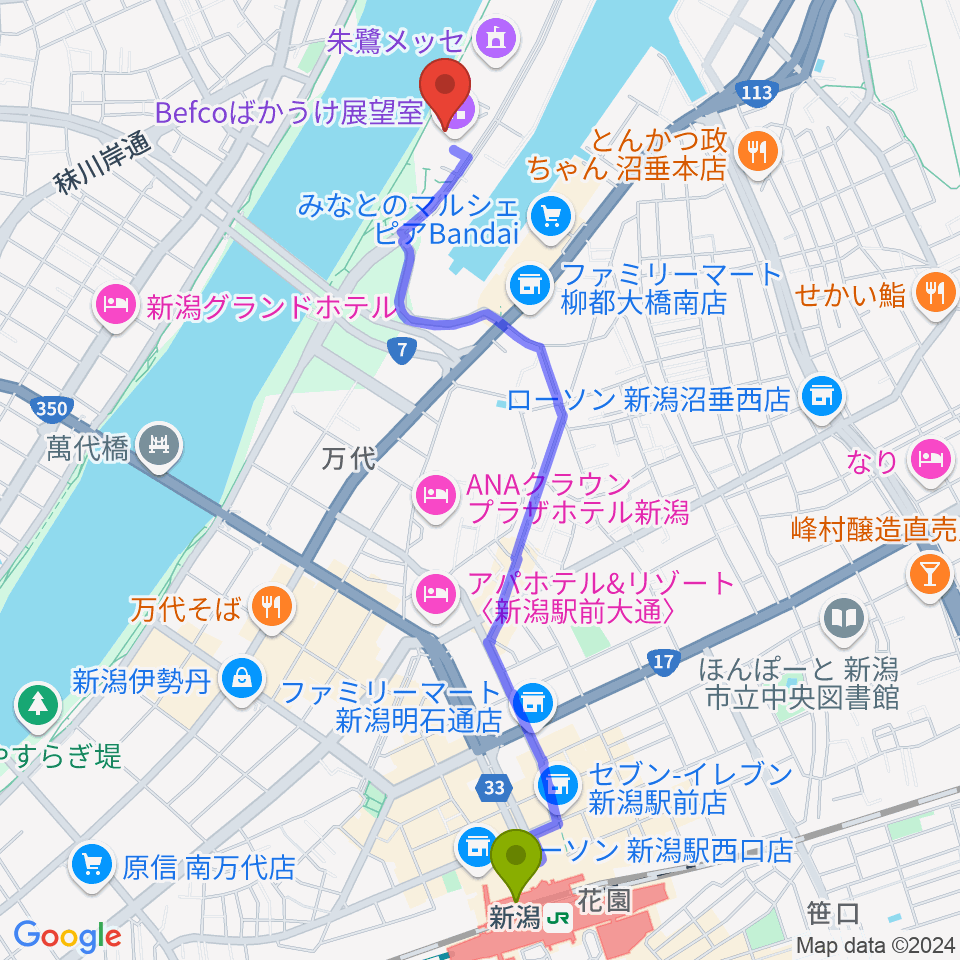 新潟県立万代島美術館の最寄駅新潟駅からの徒歩ルート（約24分）地図