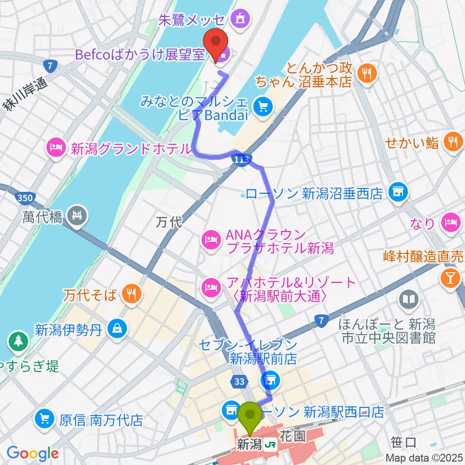 新潟県立万代島美術館の最寄駅新潟駅からの徒歩ルート（約24分）地図