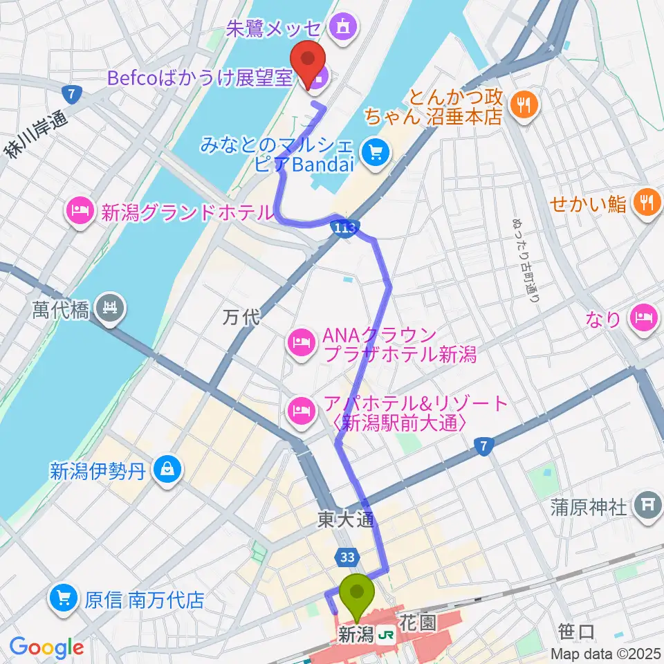 新潟県立万代島美術館の最寄駅新潟駅からの徒歩ルート（約24分）地図