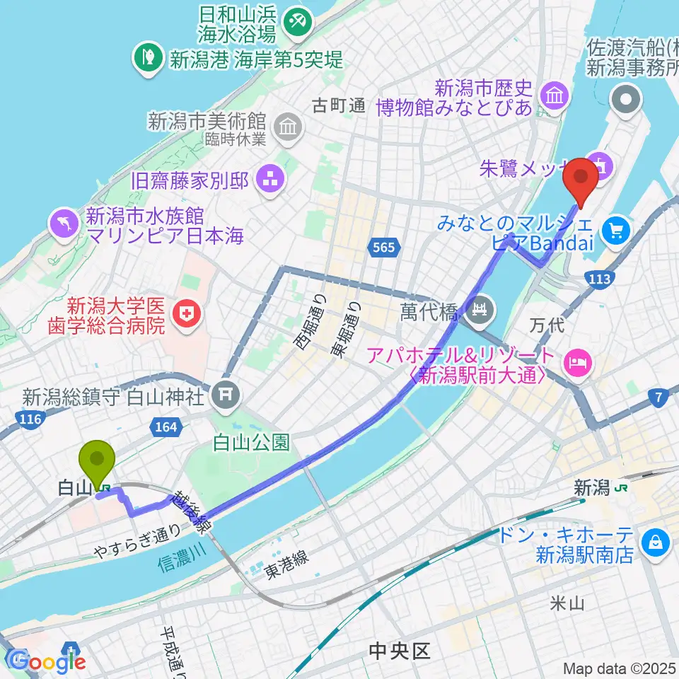 白山駅から新潟県立万代島美術館へのルートマップ地図