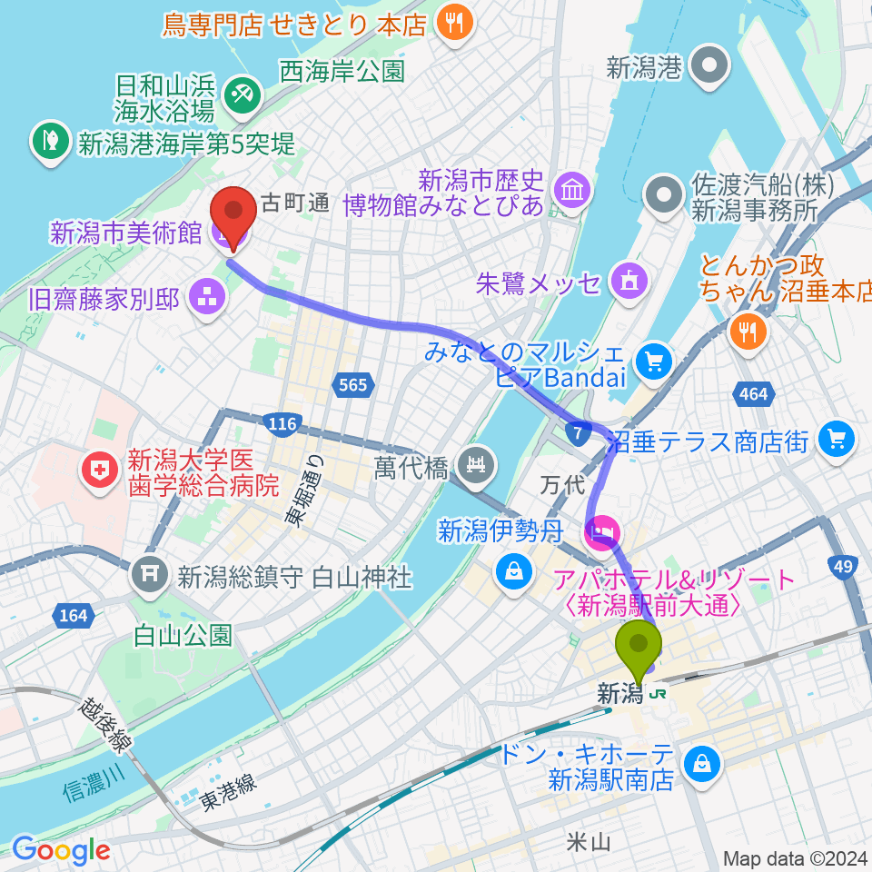 新潟駅から新潟市美術館へのルートマップ地図