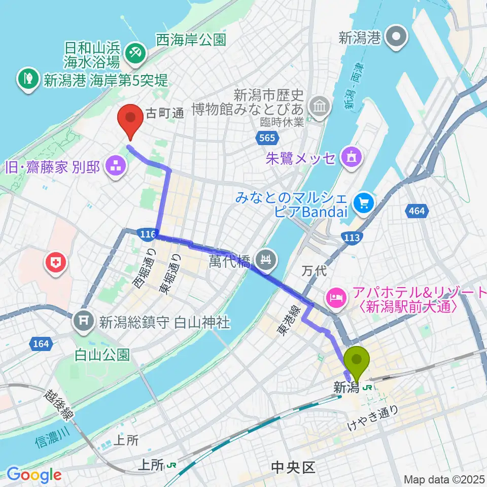 新潟駅から新潟市美術館へのルートマップ地図