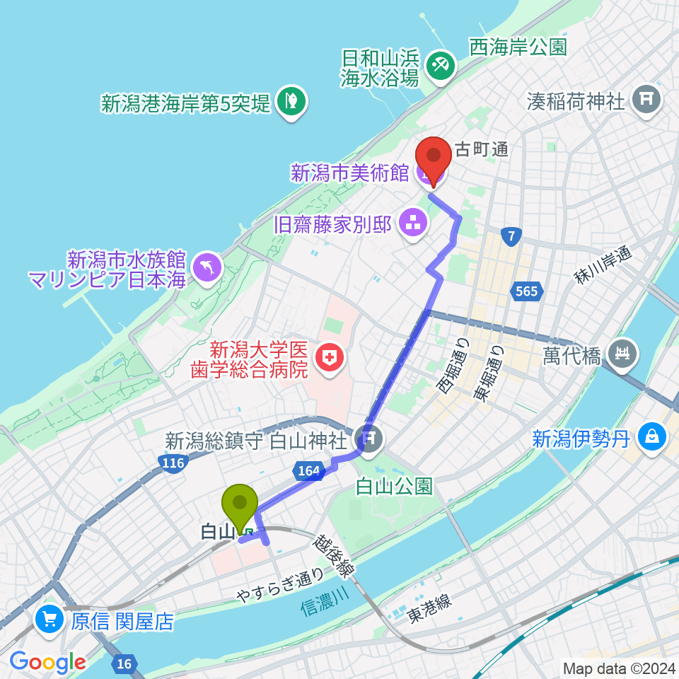 新潟市美術館の最寄駅白山駅からの徒歩ルート（約35分）地図