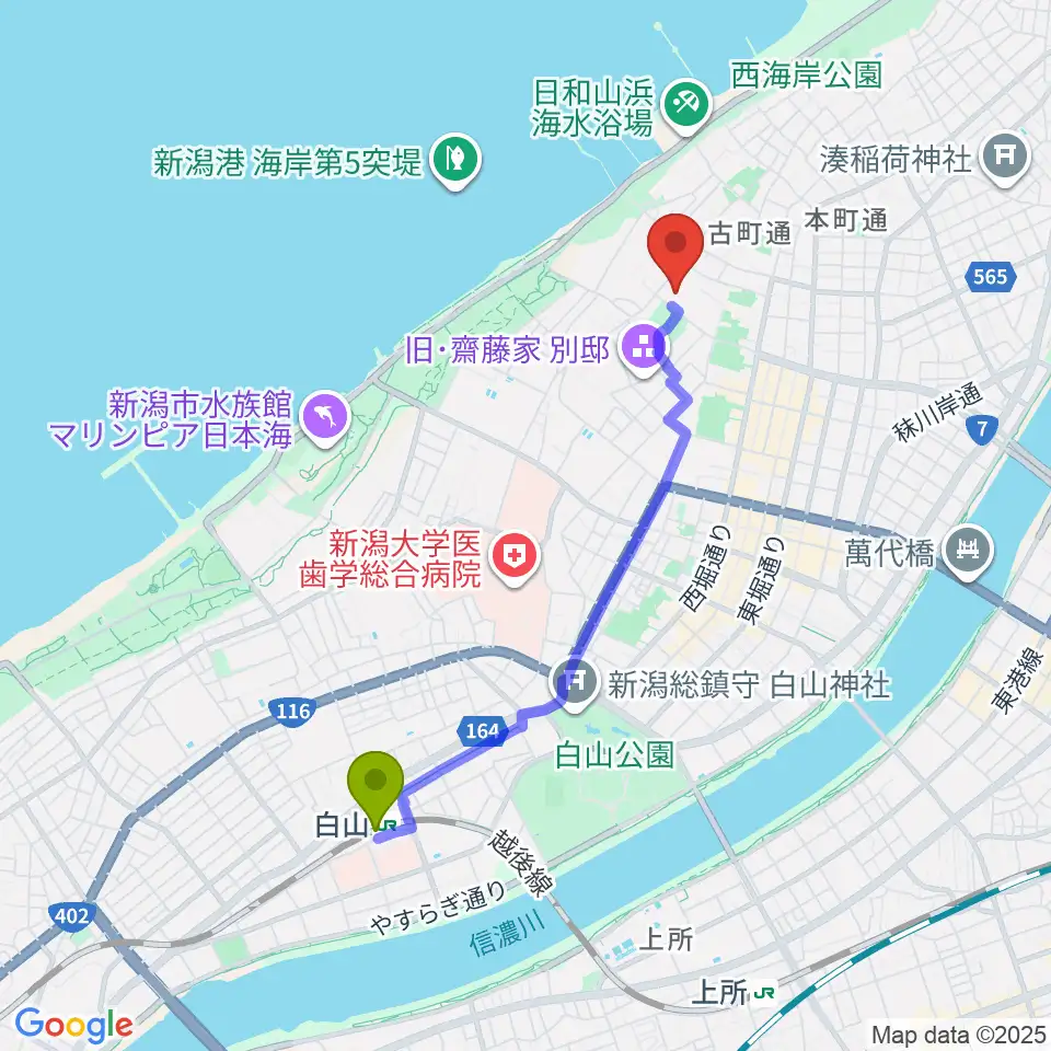新潟市美術館の最寄駅白山駅からの徒歩ルート（約35分）地図