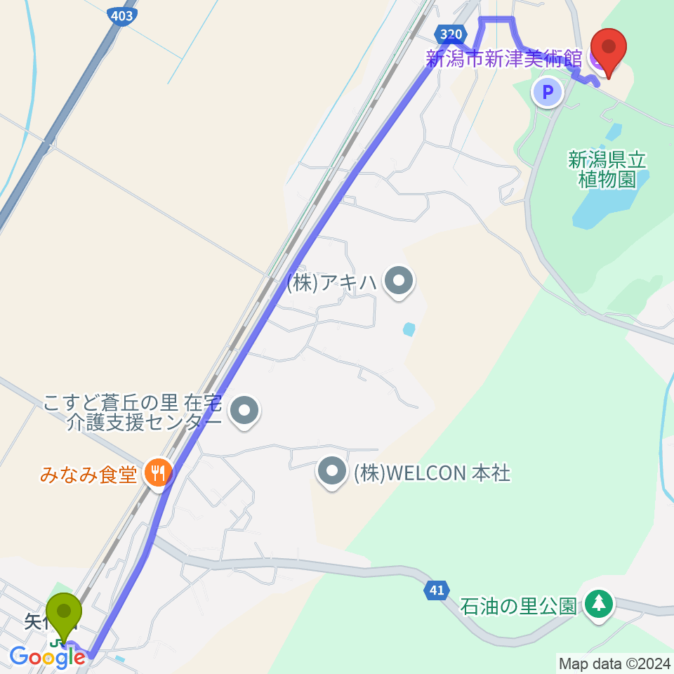 矢代田駅から新潟市新津美術館へのルートマップ地図