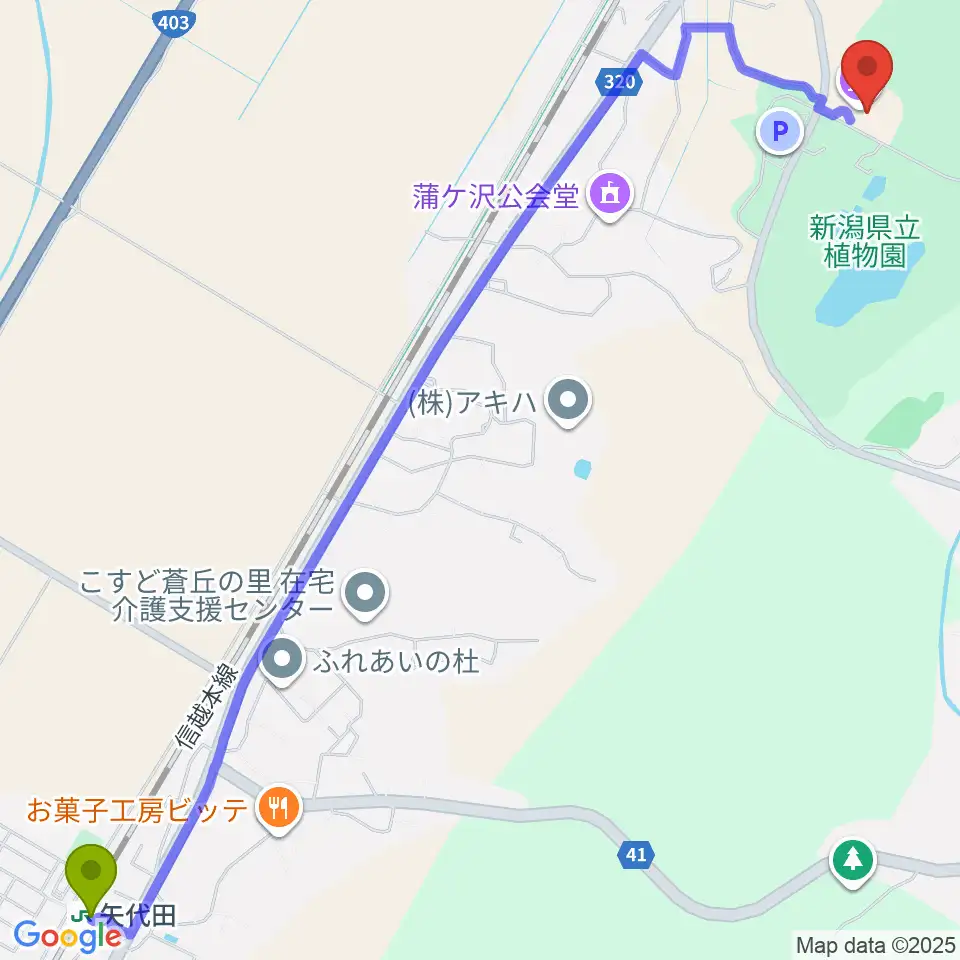 矢代田駅から新潟市新津美術館へのルートマップ地図