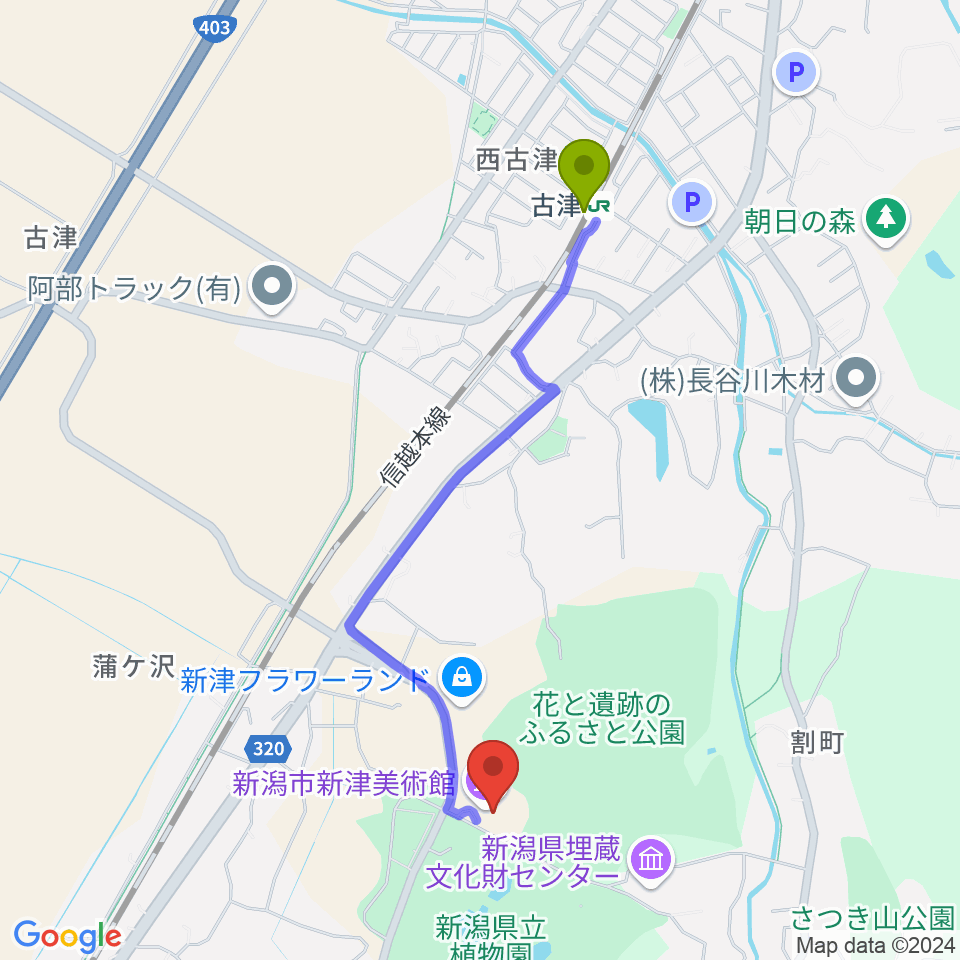 新潟市新津美術館の最寄駅古津駅からの徒歩ルート（約19分）地図