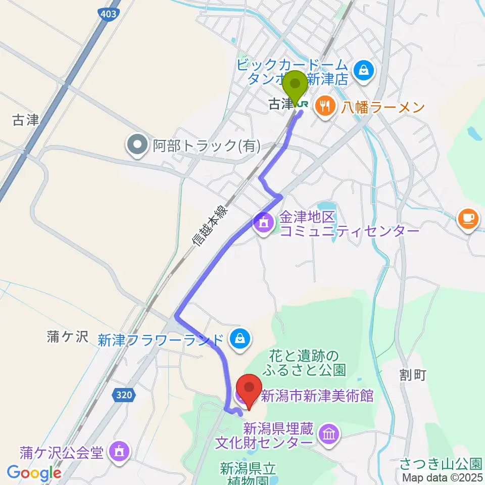 新潟市新津美術館の最寄駅古津駅からの徒歩ルート（約19分）地図