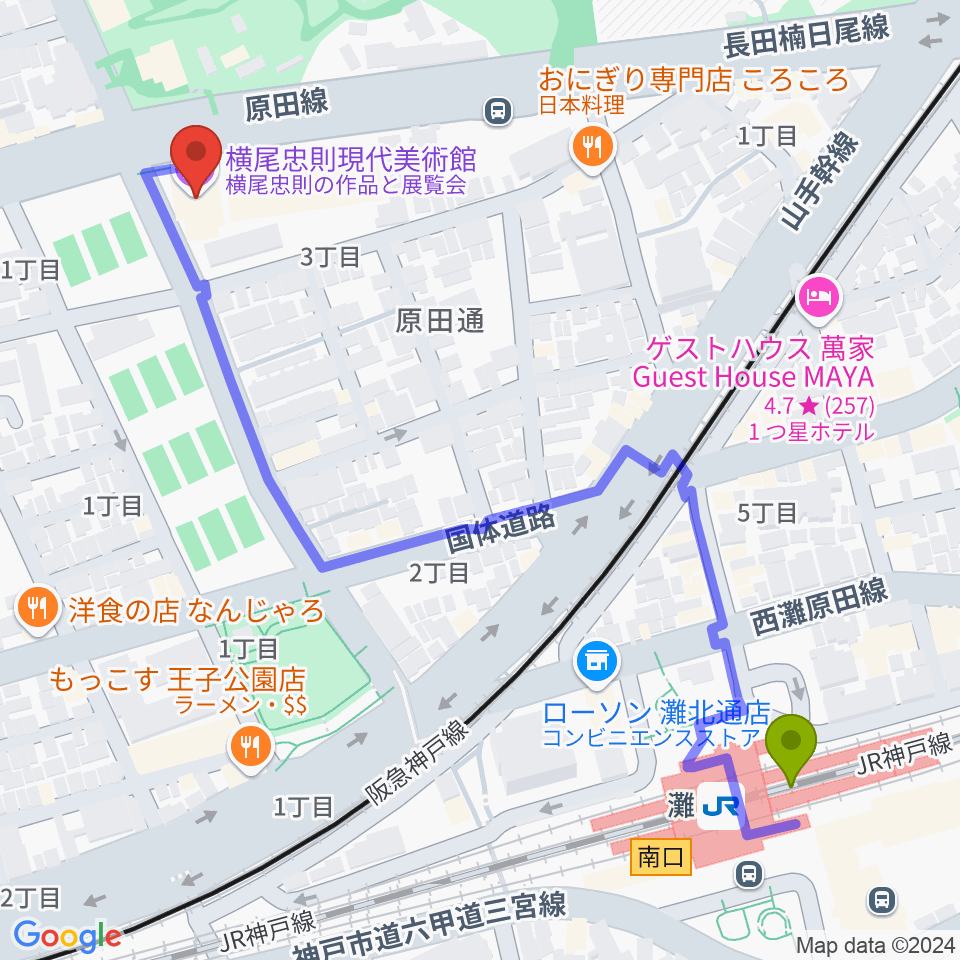 横尾忠則現代美術館の最寄駅灘駅からの徒歩ルート（約7分）地図