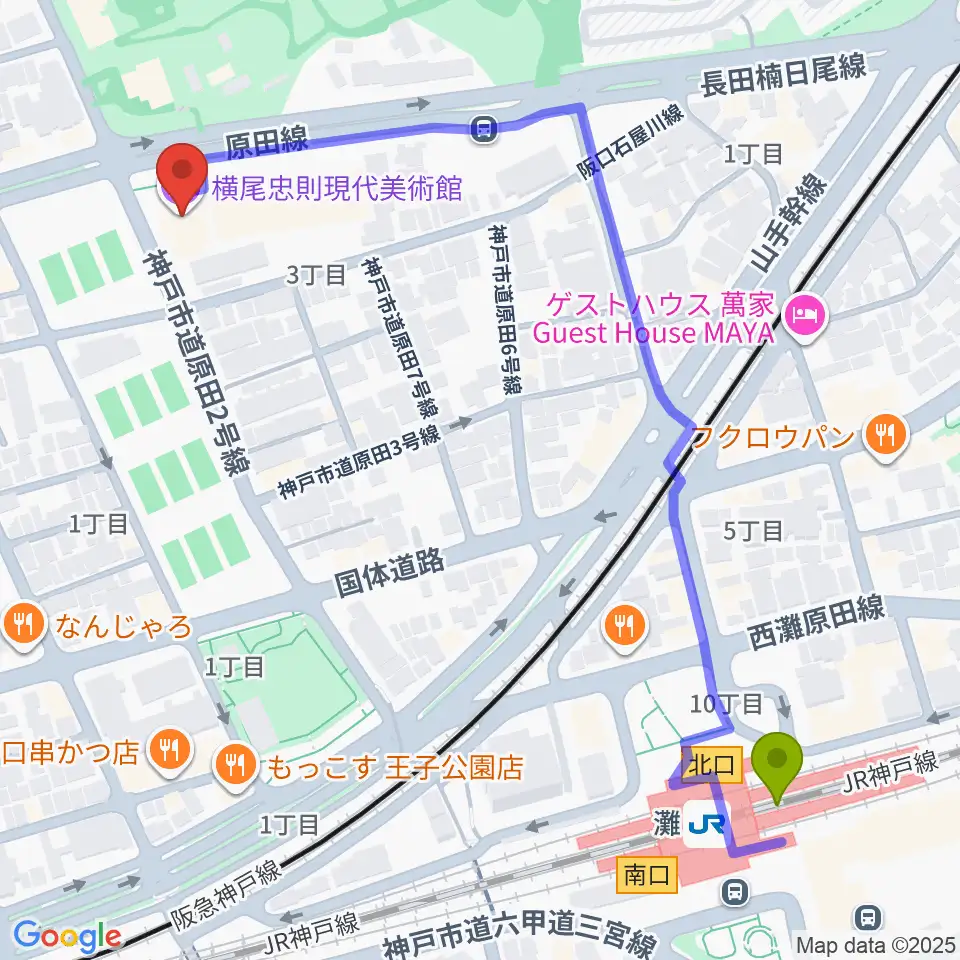 横尾忠則現代美術館の最寄駅灘駅からの徒歩ルート（約7分）地図