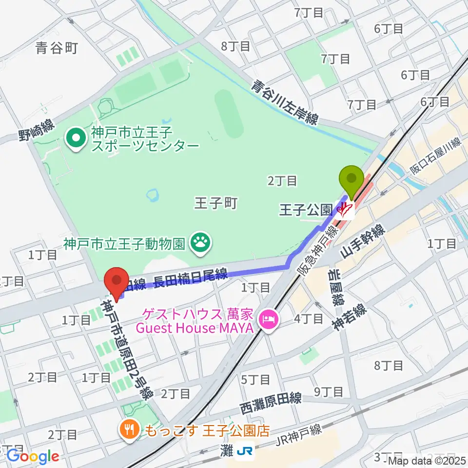 王子公園駅から横尾忠則現代美術館へのルートマップ地図