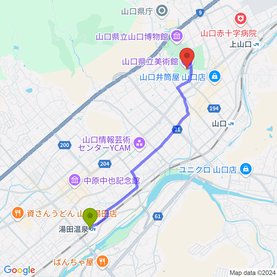 湯田温泉駅から山口県立美術館へのルートマップ地図