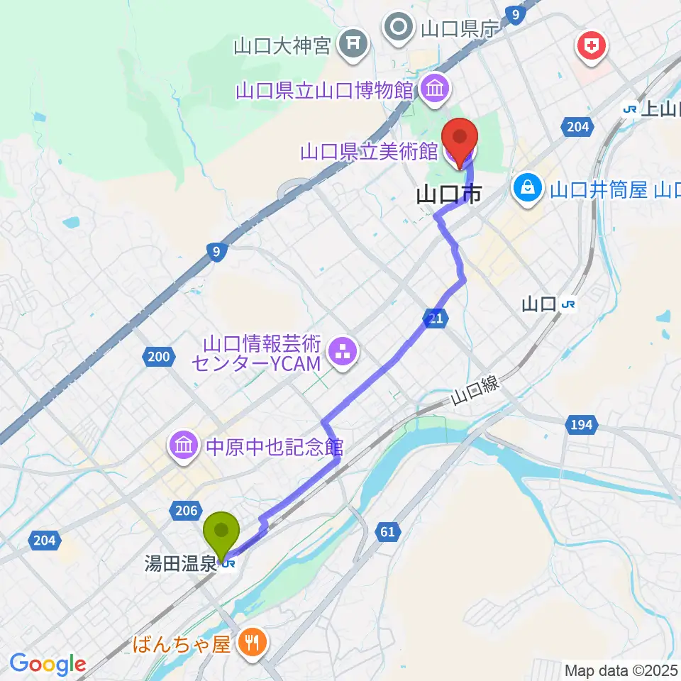 湯田温泉駅から山口県立美術館へのルートマップ地図
