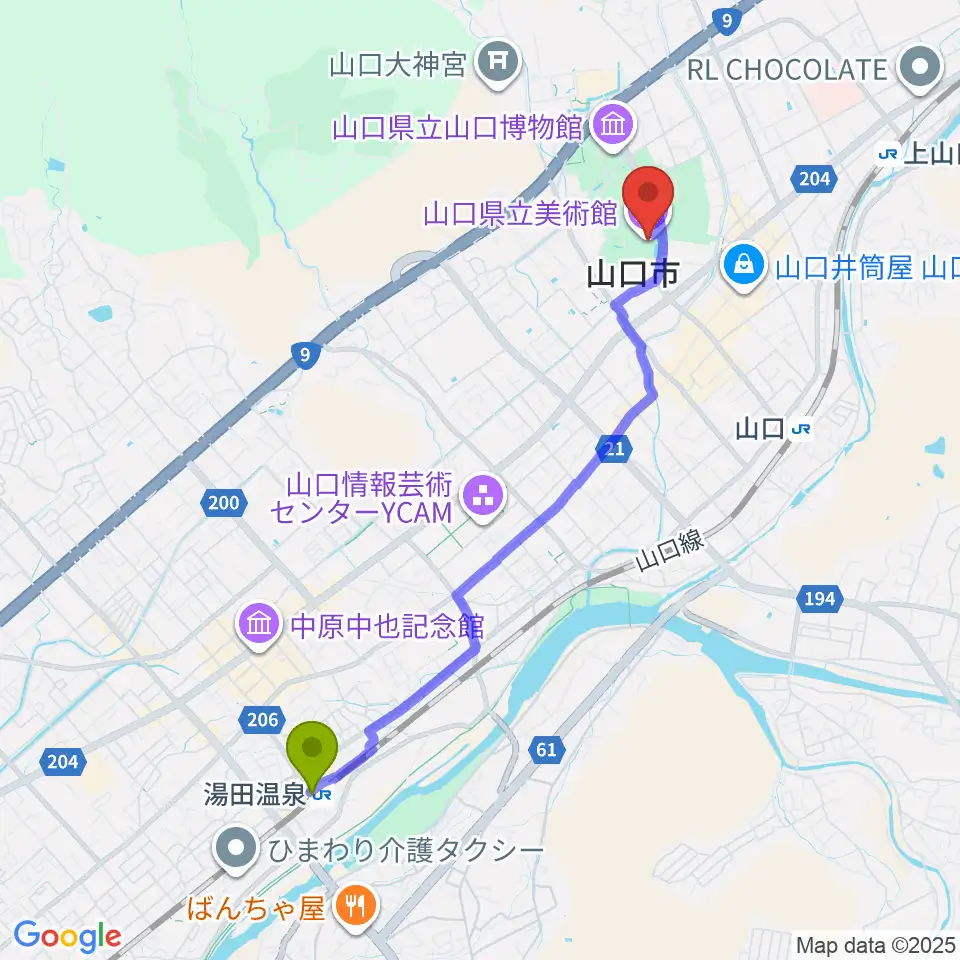 湯田温泉駅から山口県立美術館へのルートマップ地図