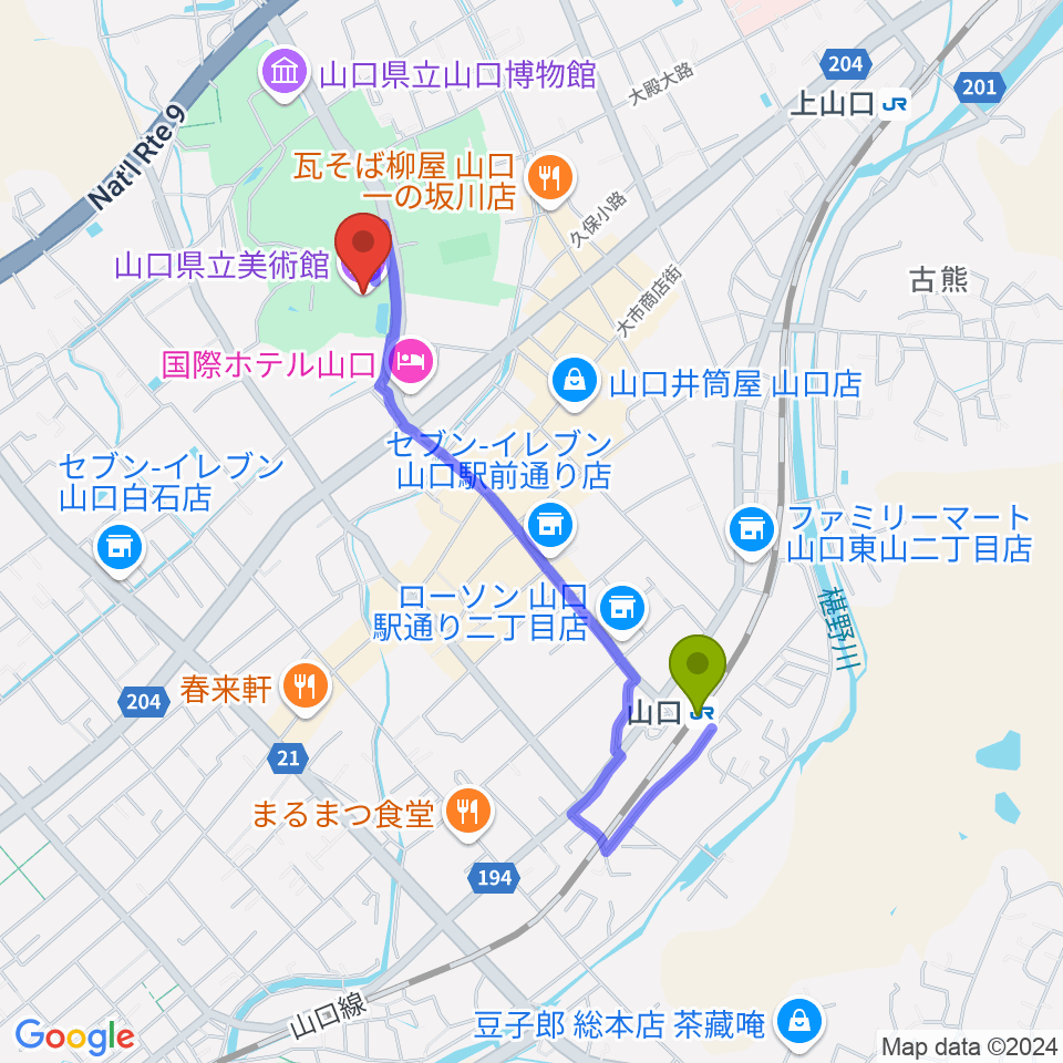 山口県立美術館の最寄駅山口駅からの徒歩ルート（約16分）地図