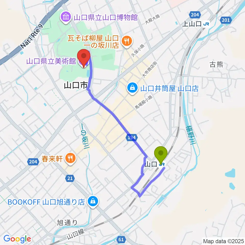 山口県立美術館の最寄駅山口駅からの徒歩ルート（約16分）地図
