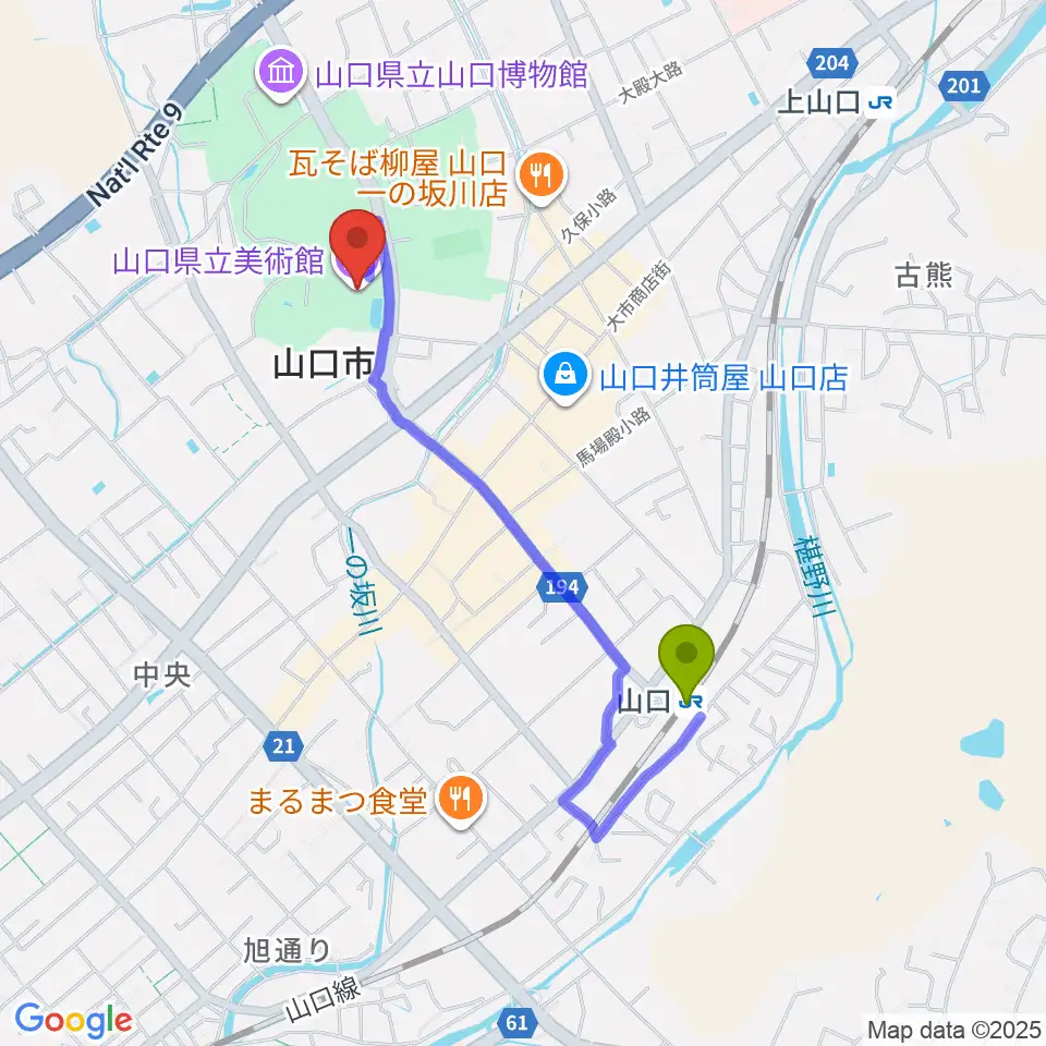 山口県立美術館の最寄駅山口駅からの徒歩ルート（約16分）地図