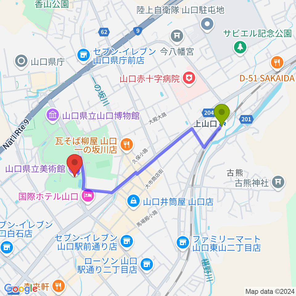 上山口駅から山口県立美術館へのルートマップ地図