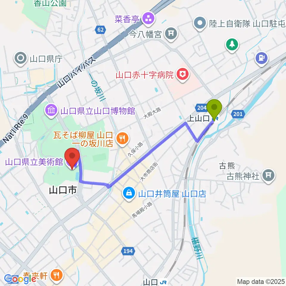 上山口駅から山口県立美術館へのルートマップ地図