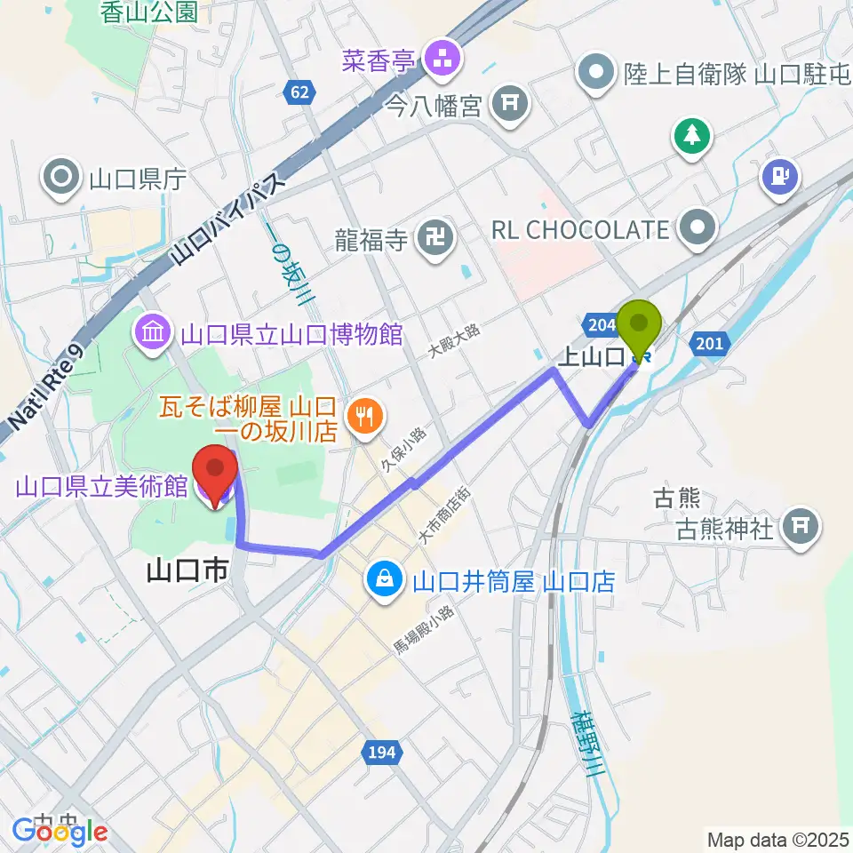 上山口駅から山口県立美術館へのルートマップ地図