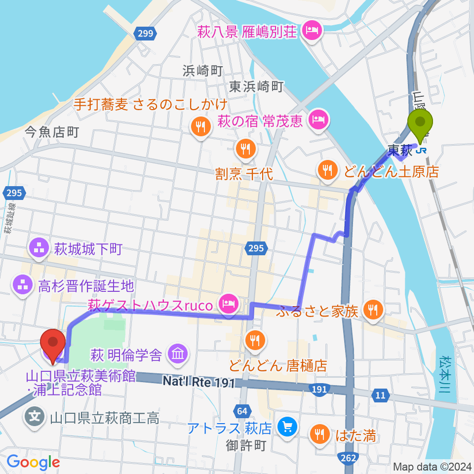 東萩駅から山口県立萩美術館・浦上記念館へのルートマップ地図