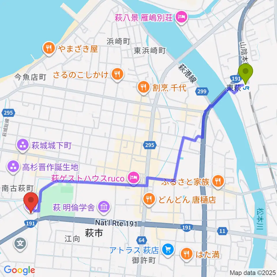 東萩駅から山口県立萩美術館・浦上記念館へのルートマップ地図