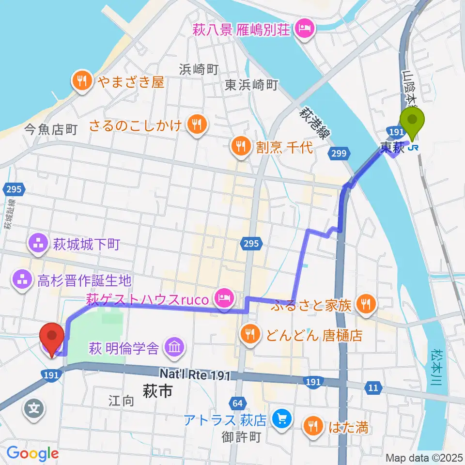 東萩駅から山口県立萩美術館・浦上記念館へのルートマップ地図