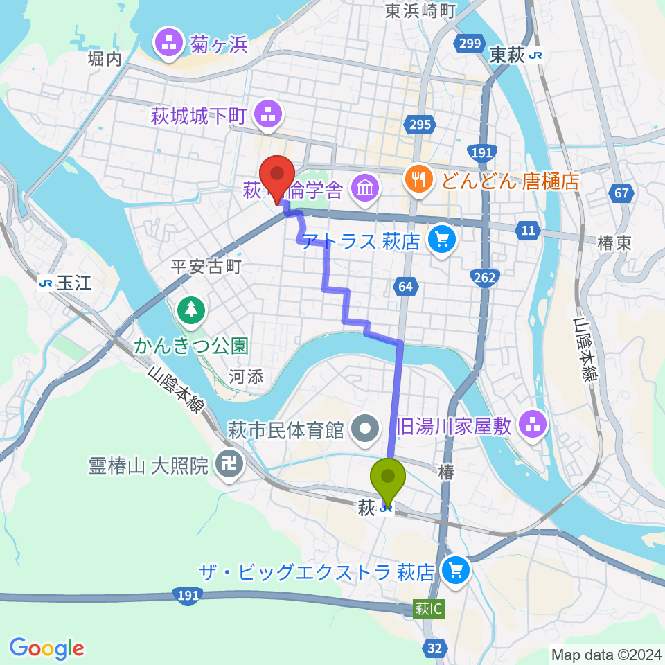 萩駅から山口県立萩美術館・浦上記念館へのルートマップ地図